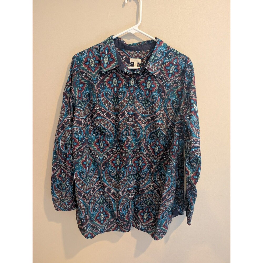 Talbots Sz 1x Multicolor Diamond Paisley Button Long Sleeve Shirt 100% Cotton